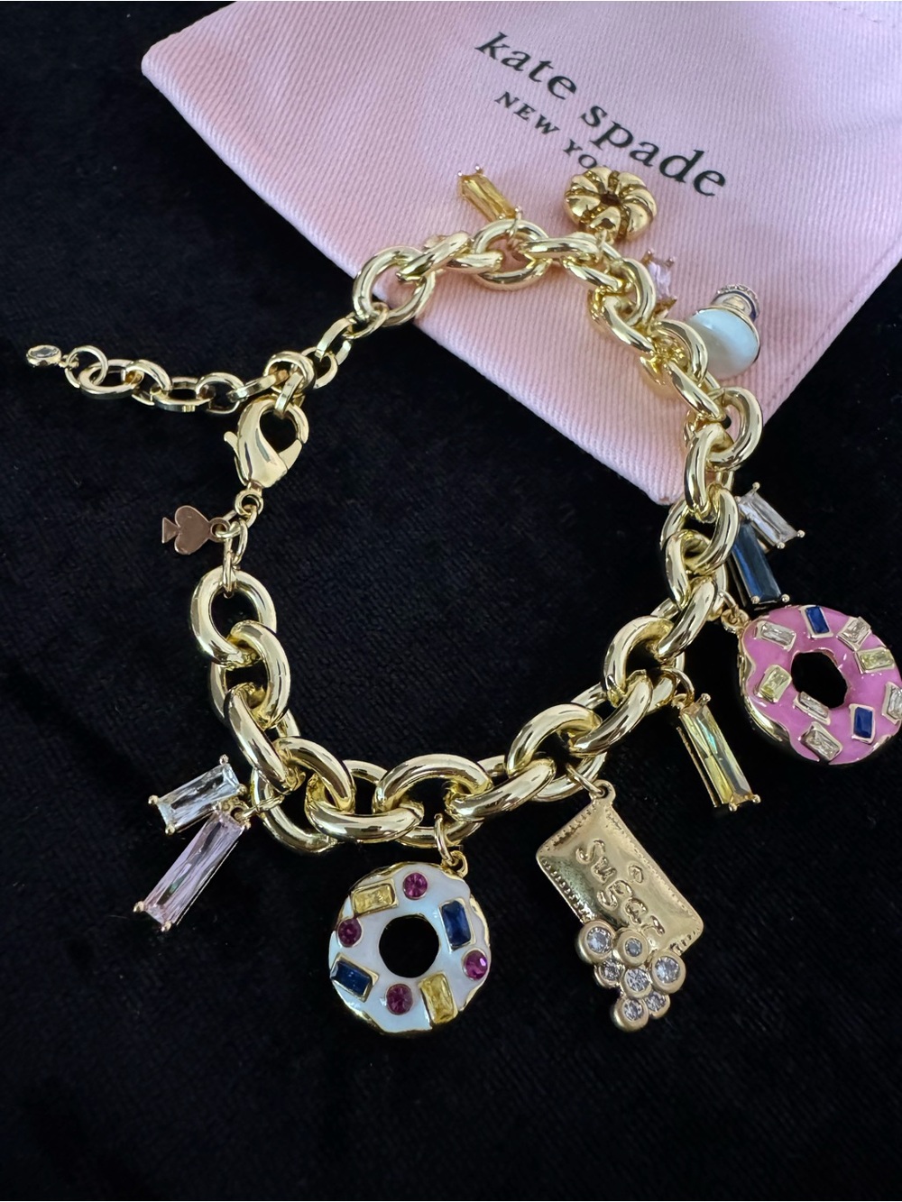 Kate Spade Gold Charm Bracelet with Pink & White Donut Charms
